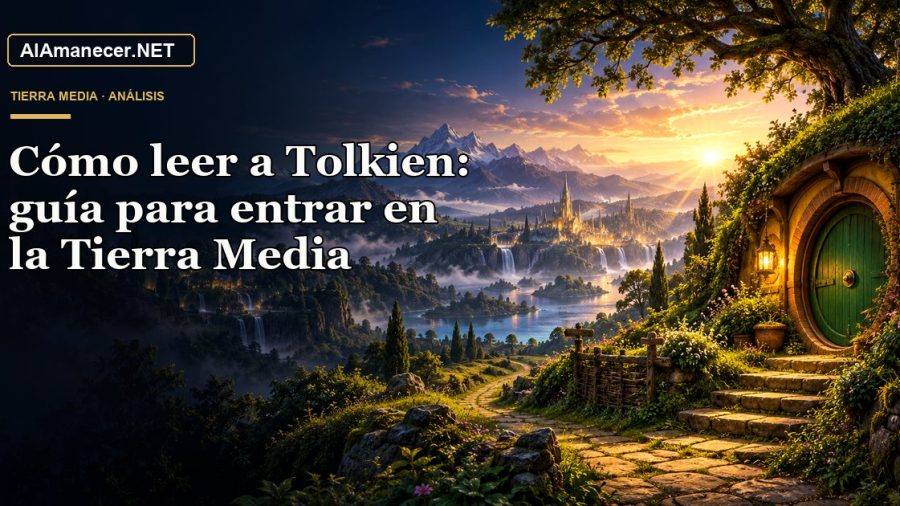 Camino desde una puerta redonda hacia un reino fantástico al amanecer para una guía de lectura de Tolkien