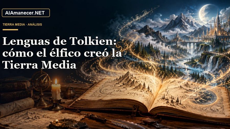 Manuscrito iluminado del que emergen montañas y una ciudad fantástica como símbolo de las lenguas de Tolkien