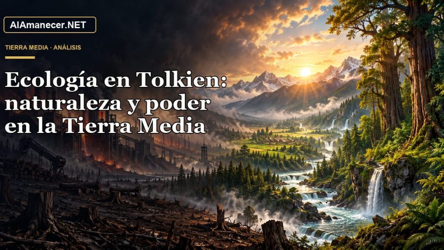 Bosque verde y río frente a una fortaleza industrial que tala árboles en la Tierra Media