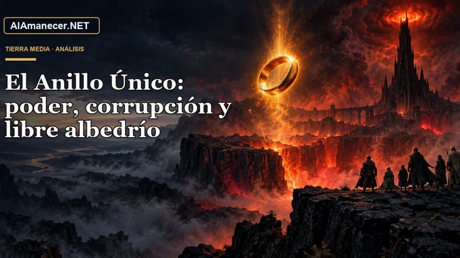 Anillo dorado sobre una sima volcánica frente a una torre oscura y un pequeño grupo que se resiste