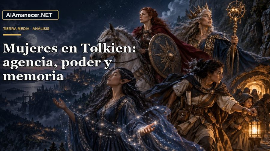 Cuatro mujeres de fantasía como cantante élfica, guerrera, reina y guía de supervivientes bajo la luna