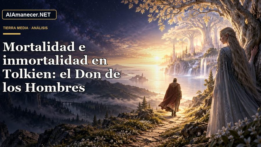 Rey mortal que camina hacia el amanecer mientras una elfa contempla una costa luminosa y árboles antiguos