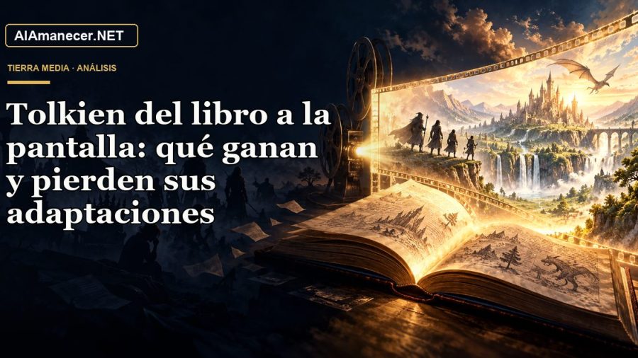 Libro de fantasía que se transforma en una pantalla de cine con un reino épico y personajes omitidos en sombra