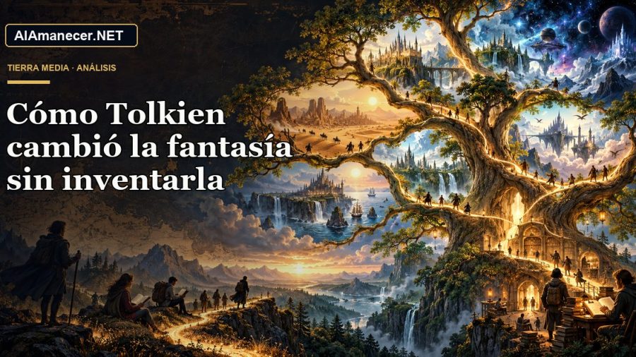Árbol narrativo que nace de un mapa antiguo y se ramifica hacia numerosos mundos de fantasía