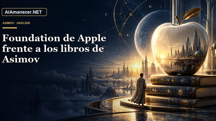 Portada de Foundation de Apple frente a los libros de Asimov en AlAmanecer.NET